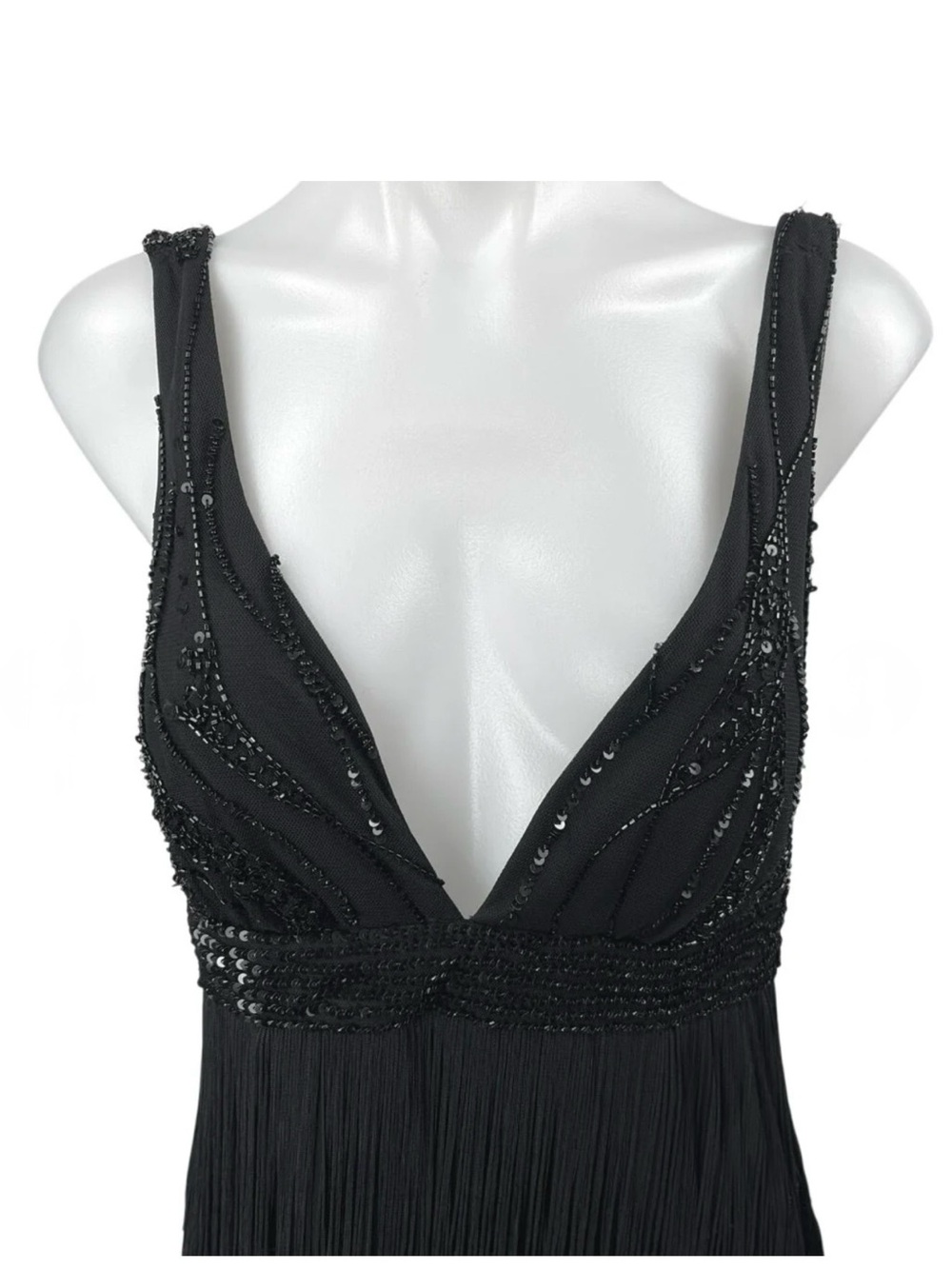 Marina Black Sequin Sleeveless Deep V-Neck Fringe Tank Sheath Mini Dress Size 8 - Picture 3 of 3